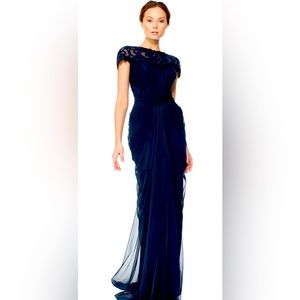Tadashi Shoji stunning navy blue embroidered ruched with train evening gown